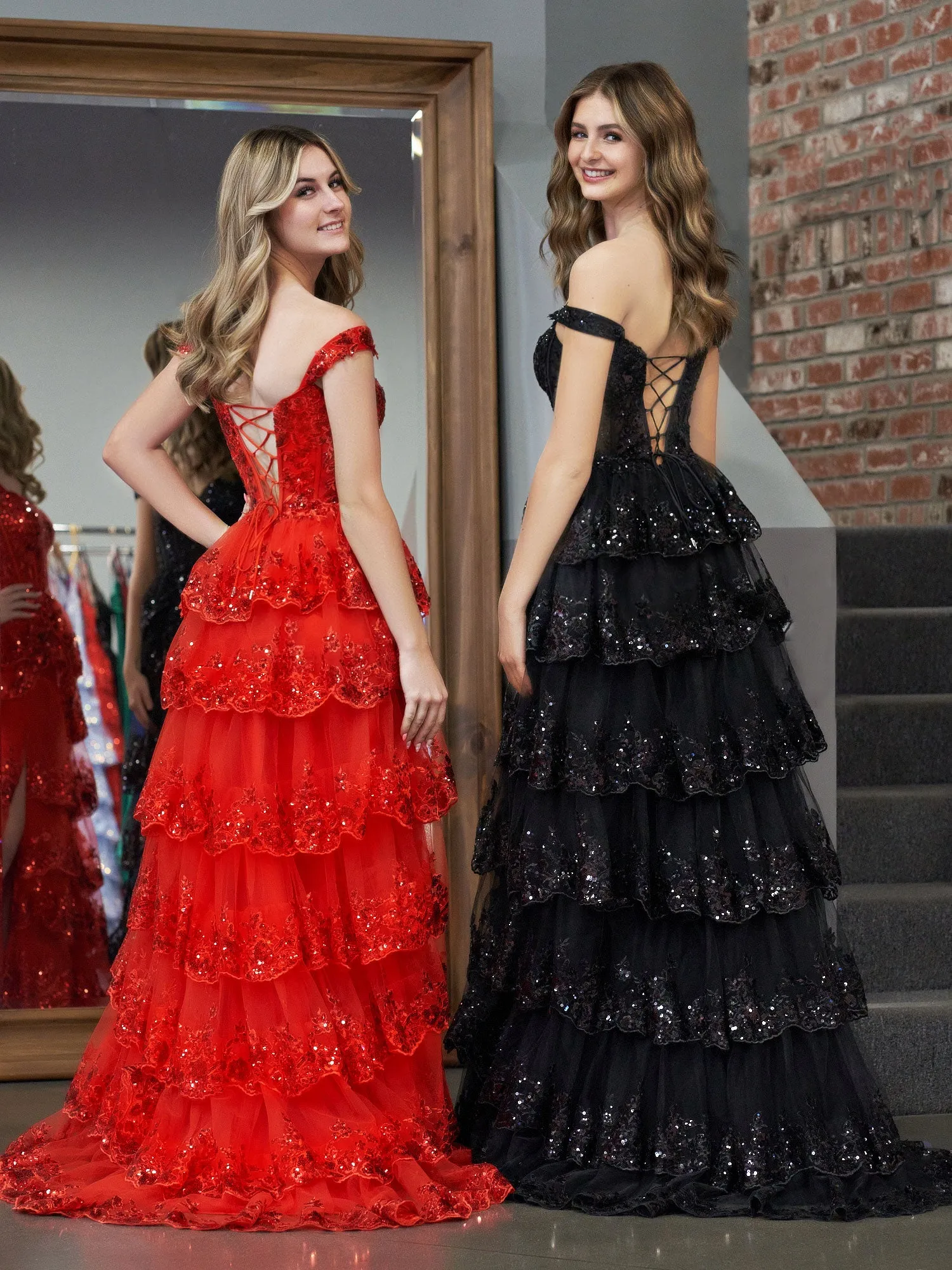 Red Princess A Line Off the Shoulder Corset Prom Dress with Lace Ruffles sold by KissProm product image thumbnail 2