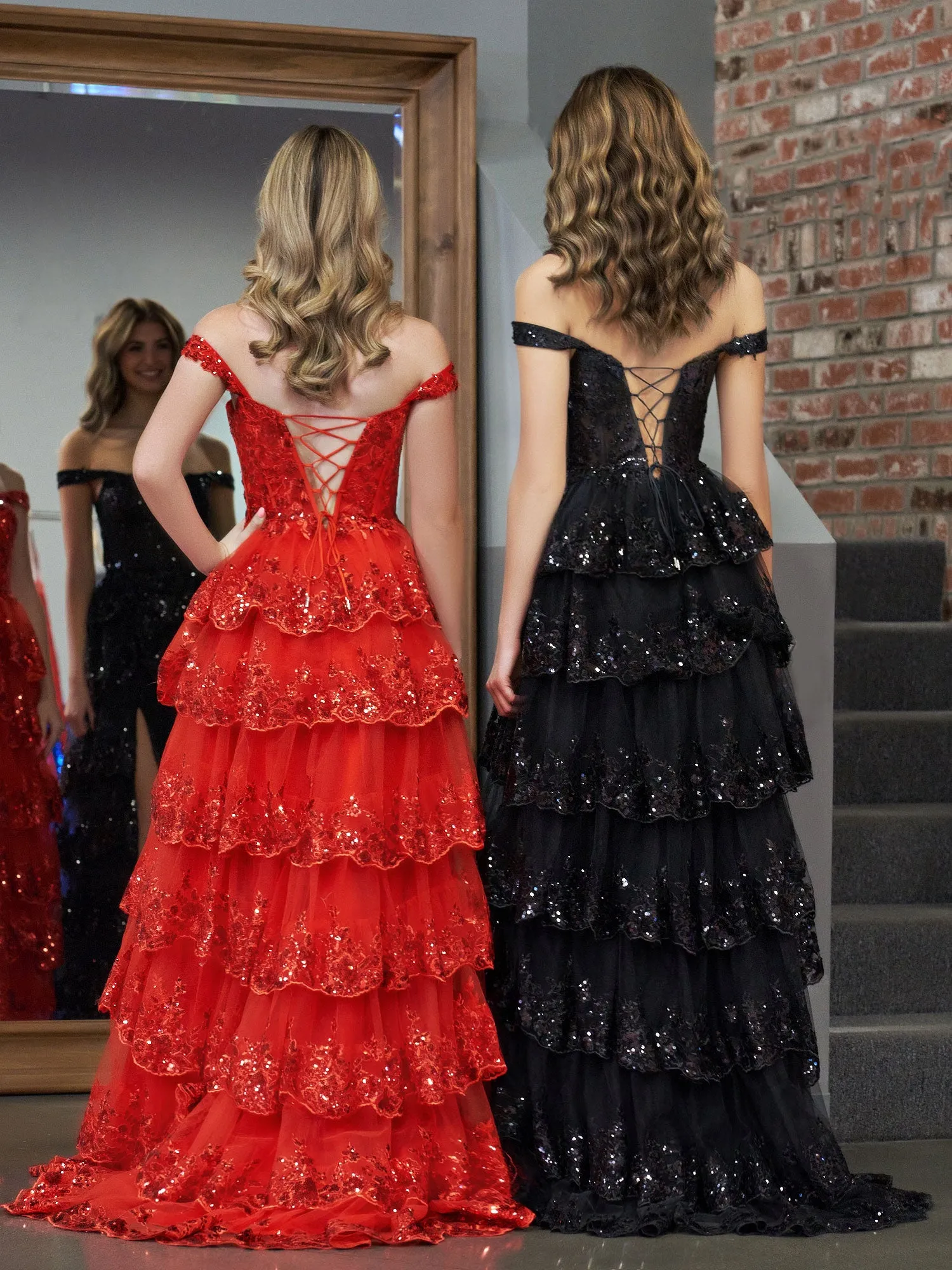 Red Princess A Line Off the Shoulder Corset Prom Dress with Lace Ruffles sold by KissProm product image thumbnail 3