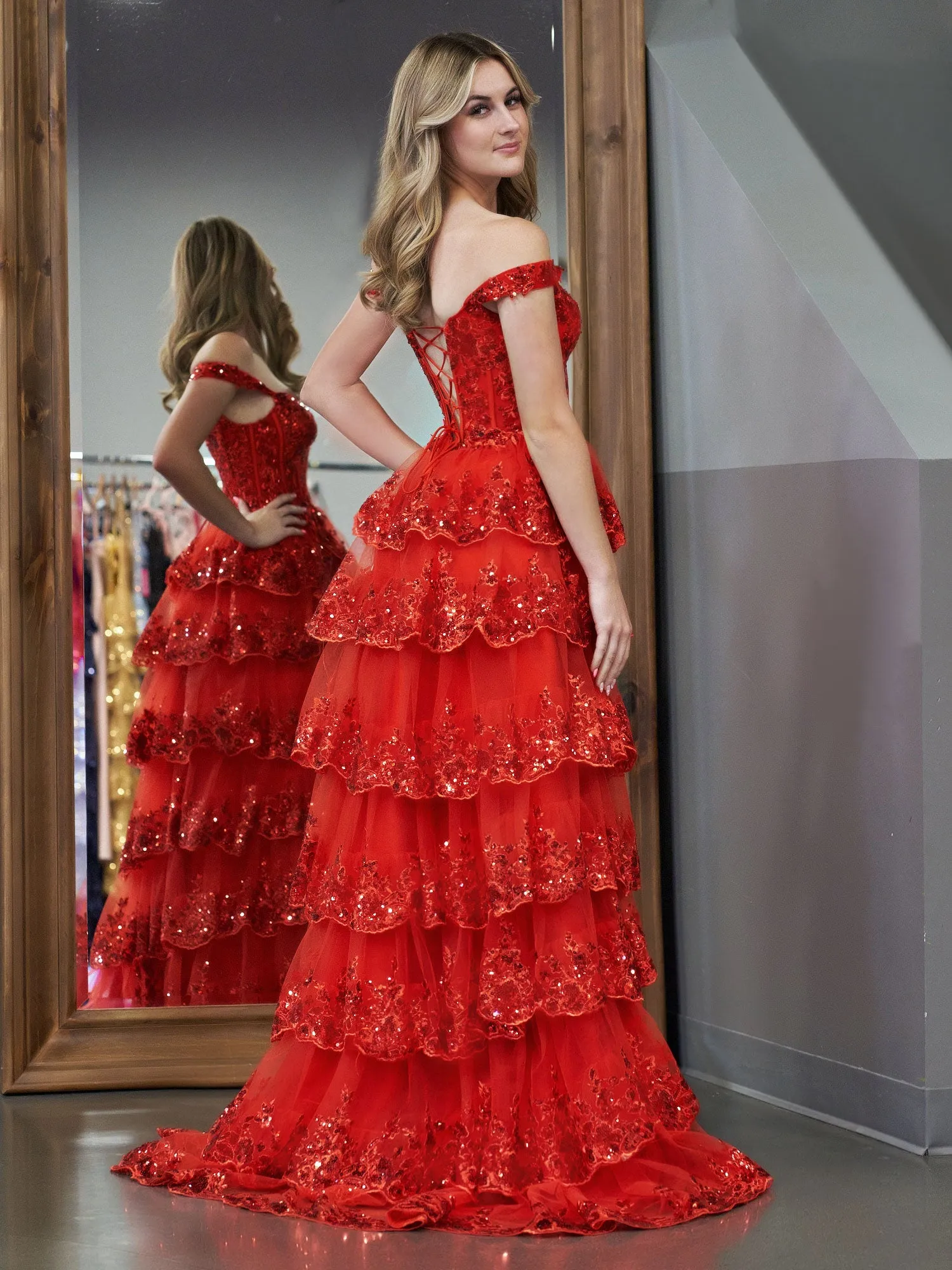 Red Princess A Line Off the Shoulder Corset Prom Dress with Lace Ruffles sold by KissProm product image thumbnail 5