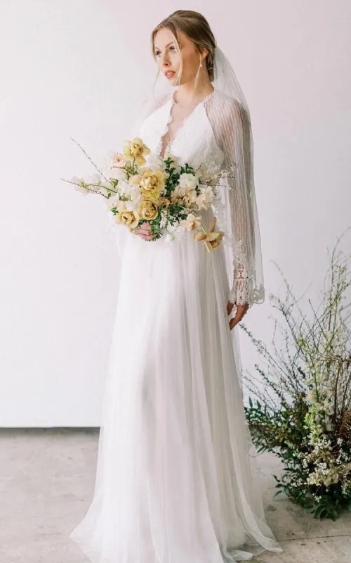 Casual A-Line Bateau Lace Tulle Wedding Dress With Long Sleeve And Sash sold by KissProm