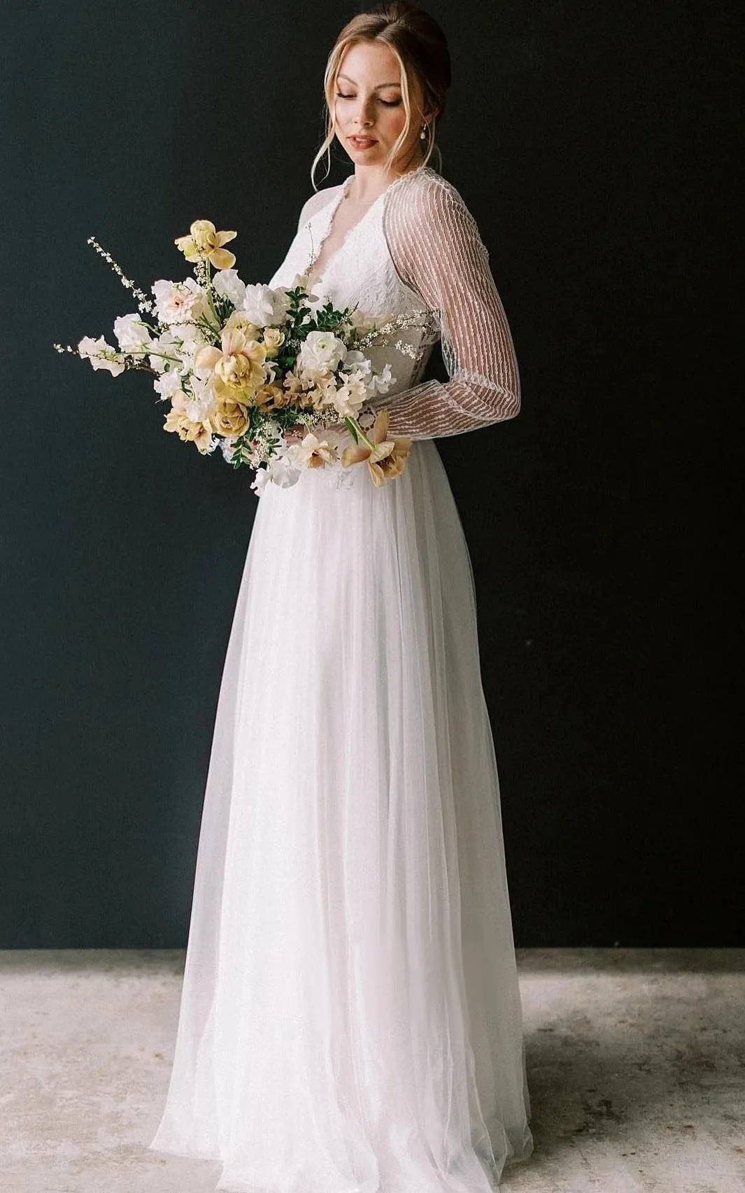 Casual A-Line Bateau Lace Tulle Wedding Dress With Long Sleeve And Sash sold by KissProm product image thumbnail 2