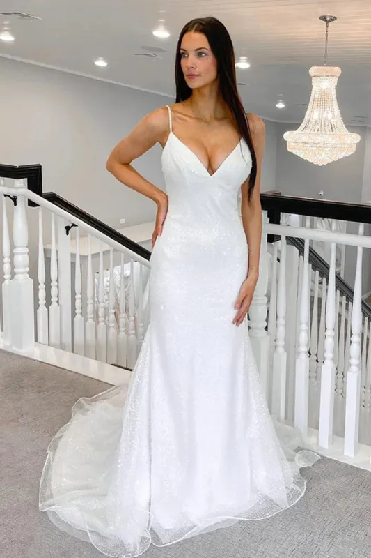 Sparkly Mermaid V Neck Sequins White Wedding Dresses sold by KissProm