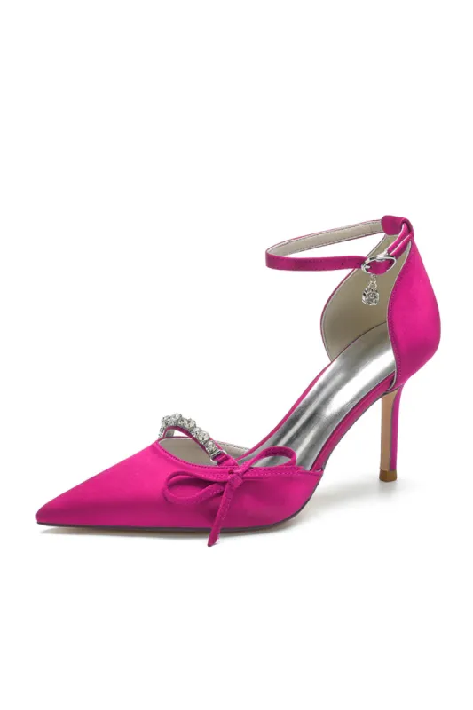 Bow Crystal Strap Pointed Toe Satin High Heels sold by KissProm