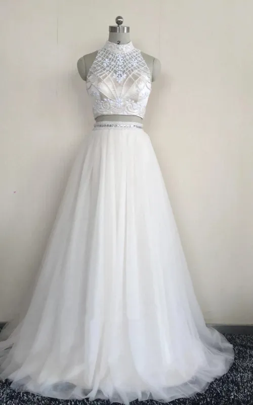 Two Piece High Neck Sleeveless Tulle Dress With Beading sold by KissProm