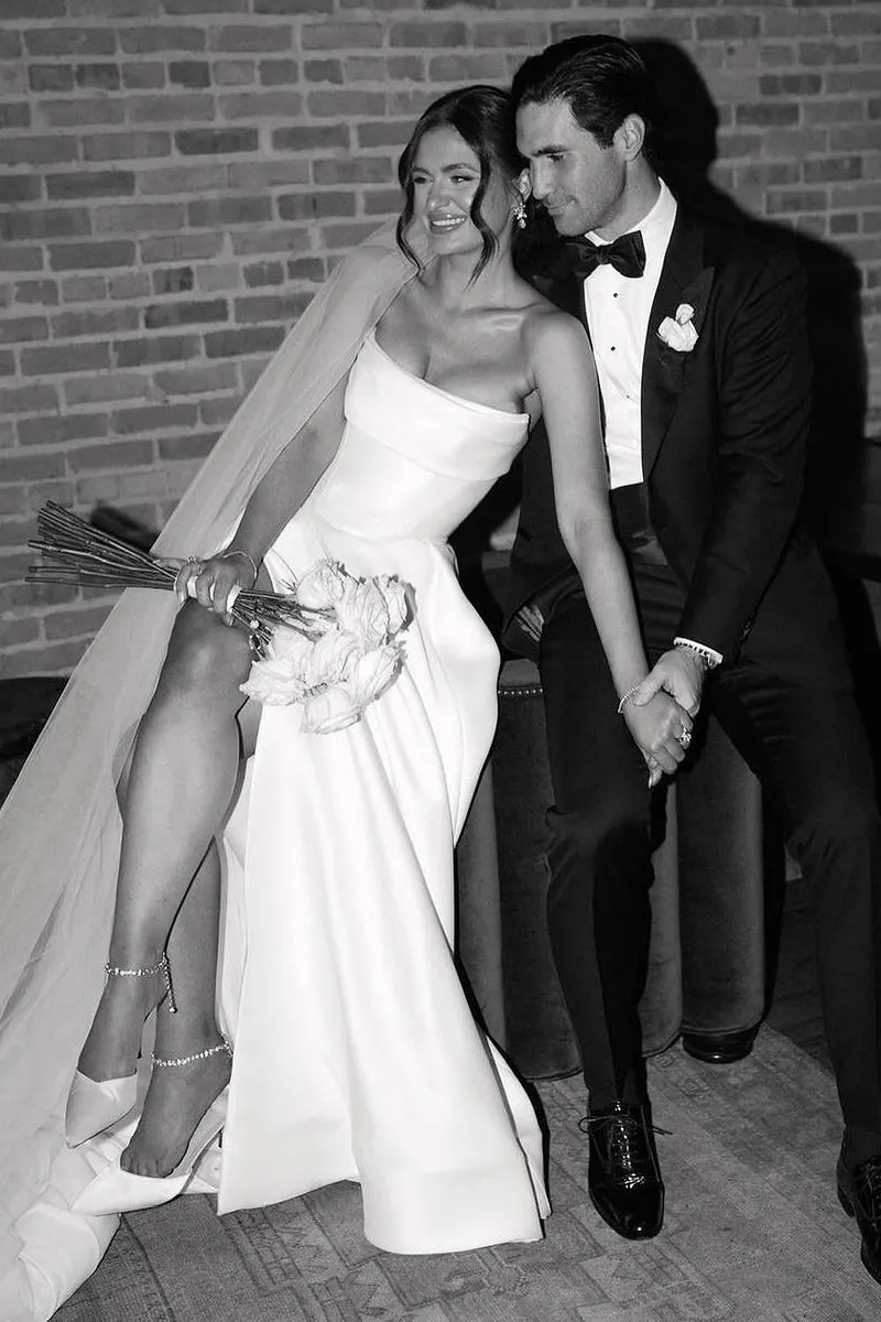 Jane | A-Line Strapless White Satin Wedding Dresses with Slit sold by KissProm product image thumbnail 3