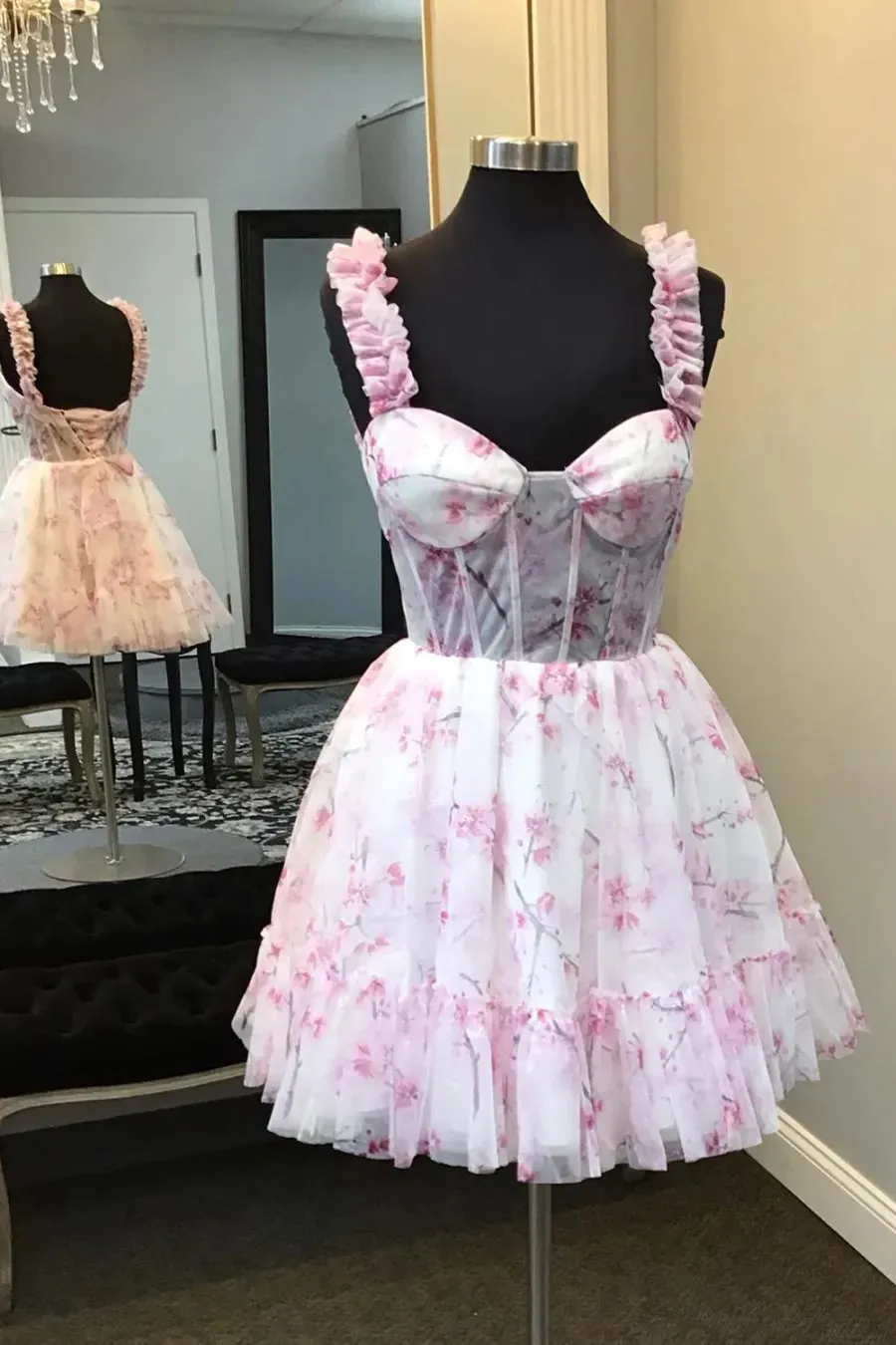 Blue Floral Printed Spaghetti Straps A-Line Short Corset Homecoming Dress sold by KissProm product image thumbnail 3