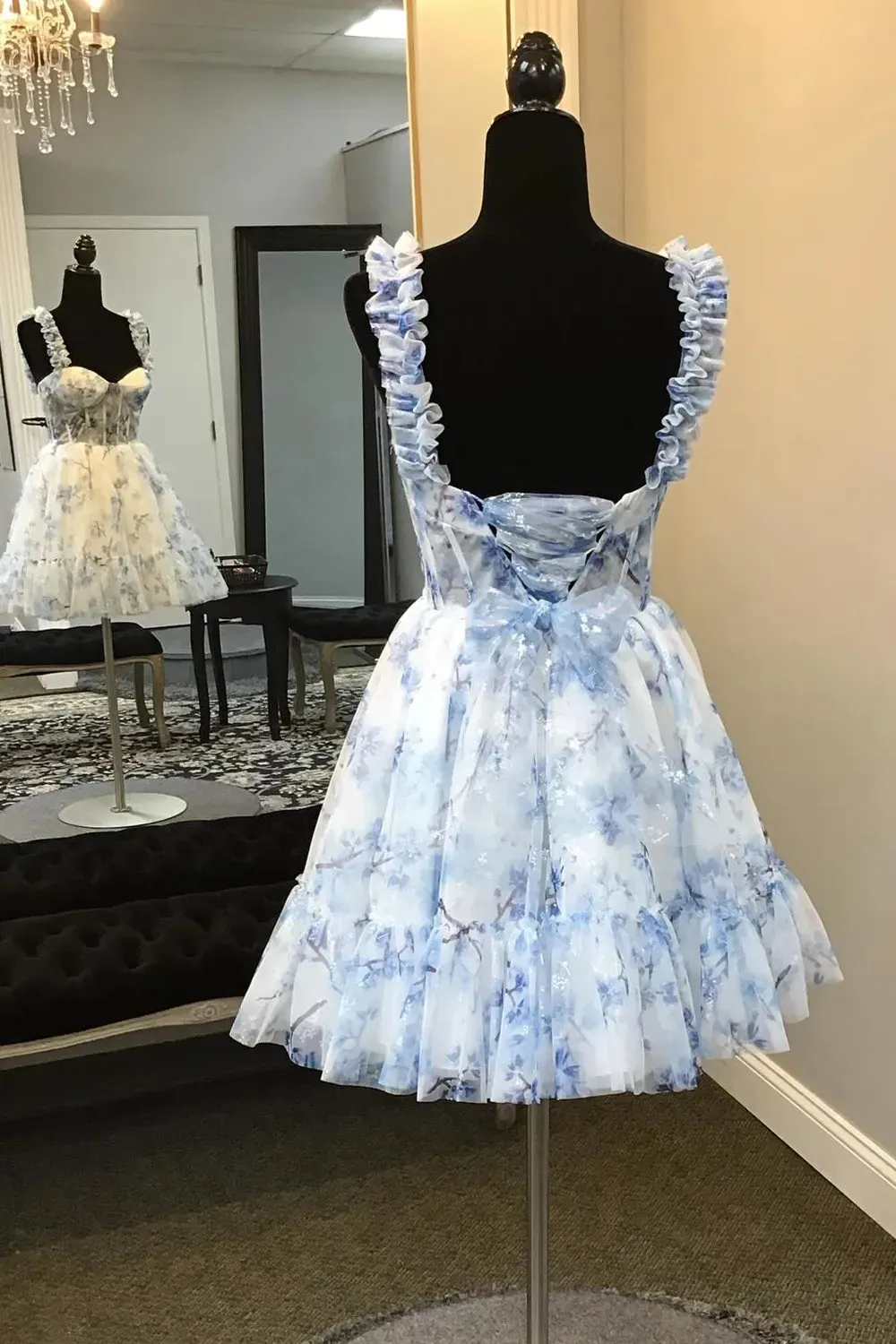 Blue Floral Printed Spaghetti Straps A-Line Short Corset Homecoming Dress sold by KissProm product image thumbnail 2
