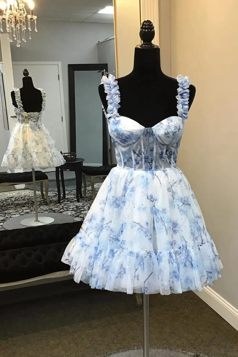 Blue Floral Printed Spaghetti Straps A-Line Short Corset Homecoming Dress sold by KissProm