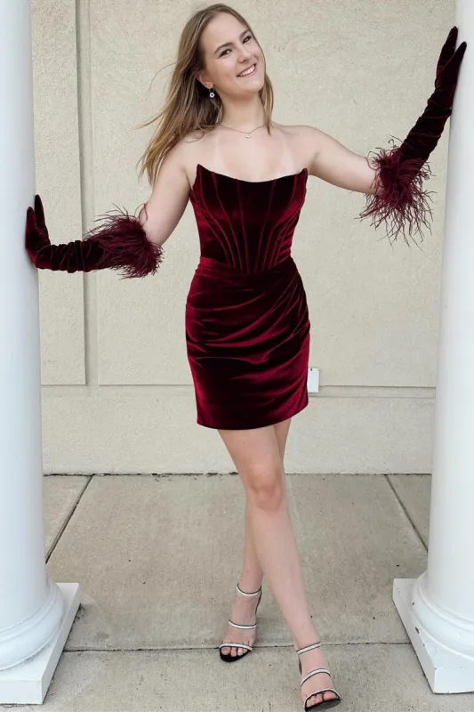 Virginia | Wine Red Velvet Strapless Bodycon Short Homecoming Dress sold by KissProm