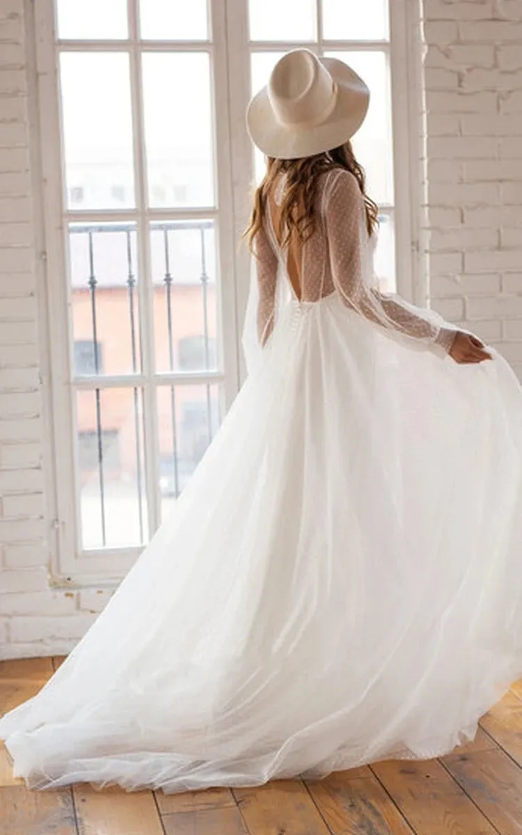 Elegant A Line Chiffon Bateau Long Sleeve Wedding Dress with Beading sold by KissProm product image thumbnail 2