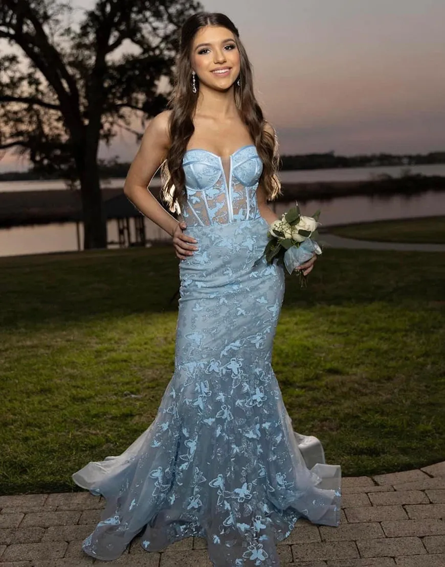 Ruth | Light Blue Gougeous Strapless Long Prom Dress With Appliques sold by KissProm product image thumbnail 3