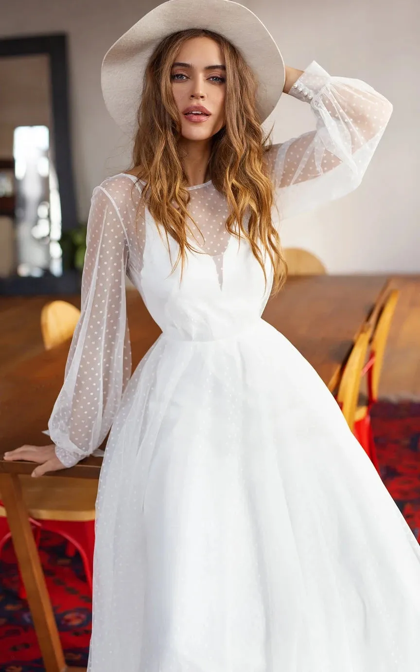 Elegant A Line Chiffon Bateau Long Sleeve Wedding Dress with Beading sold by KissProm product image thumbnail 3