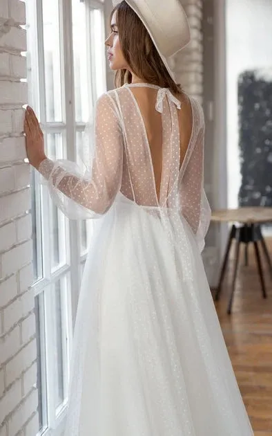 Elegant A Line Chiffon Bateau Long Sleeve Wedding Dress with Beading sold by KissProm product image thumbnail 4