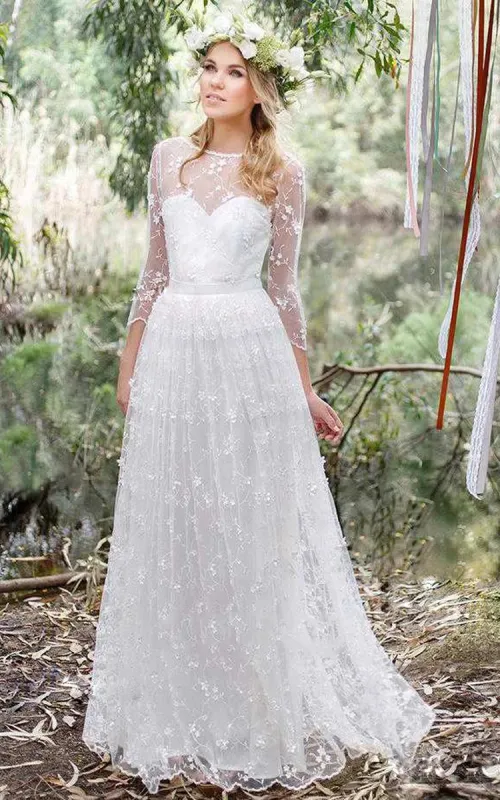 3/4 Length Sleeve A-Line Lace Appliques Low-V Back Wedding Dress sold by KissProm