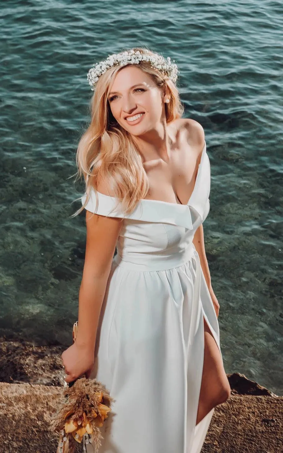 A-Line Off-the Shoulder Satin Modern Wedding Dress Sleeveless With Split Front sold by KissProm product image thumbnail 2