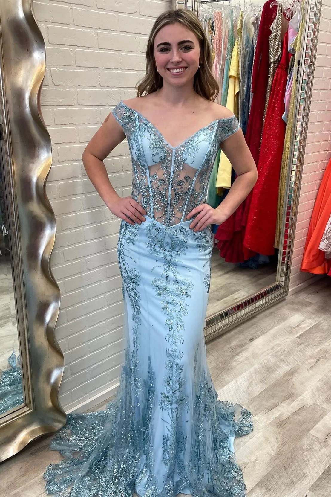 Blue Sheer Mesh Lace Off-the-Shoulder Trumpet Long Prom Gown sold by KissProm