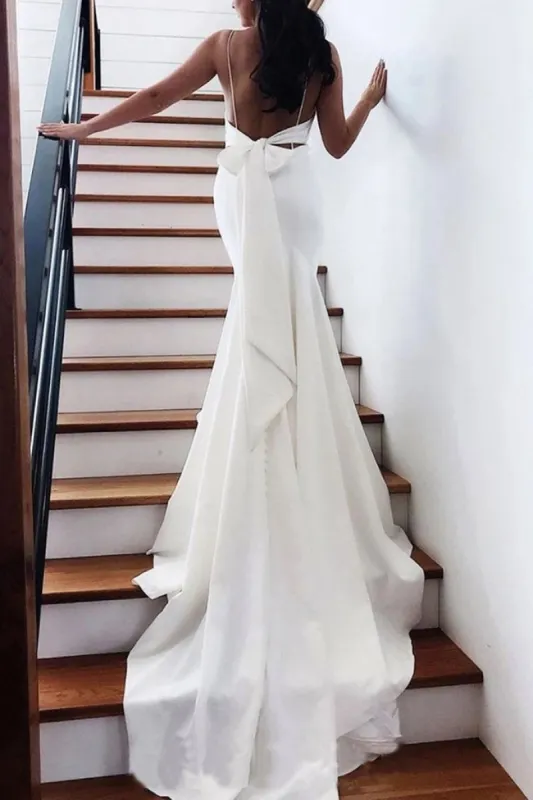 Mermaid Spaghetti Straps Backless V Neck Mermaid Wedding Dresses sold by KissProm