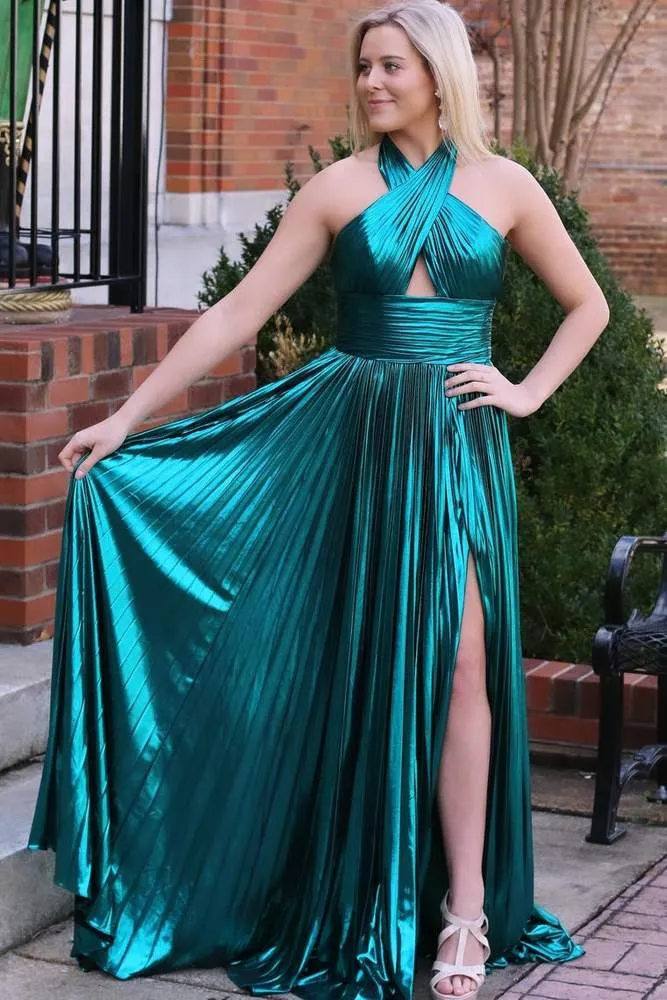 Emerald Green Metallic Key Hole Pleated Gown with Slit sold by KissProm product image thumbnail 2
