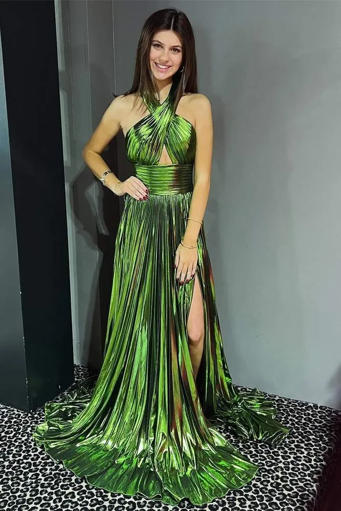 Emerald Green Metallic Key Hole Pleated Gown with Slit sold by KissProm product image thumbnail 3