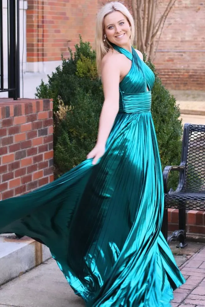 Emerald Green Metallic Key Hole Pleated Gown with Slit sold by KissProm
