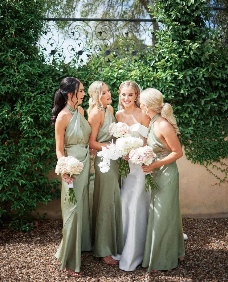 Charming Sheath Hatler Satin Sage Long Bridesmaid Dresses sold by KissProm