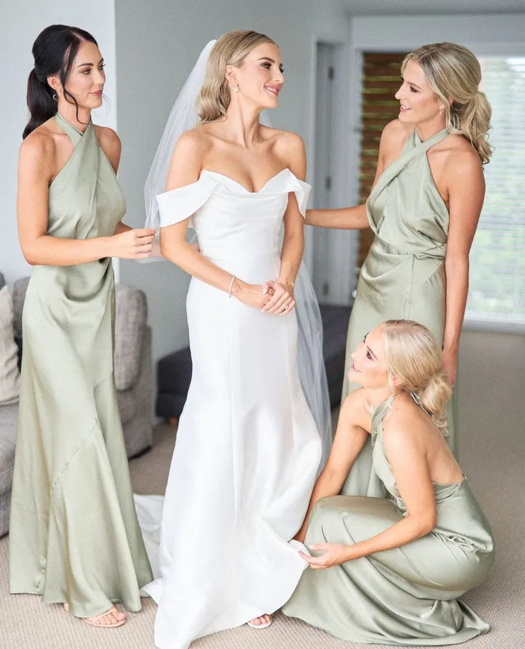 Charming Sheath Hatler Satin Sage Long Bridesmaid Dresses sold by KissProm product image thumbnail 2