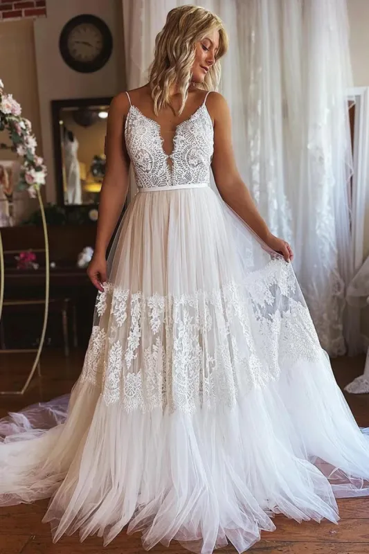 Ivory Boho A-Line Long Tulle Wedding Dress with Appliques sold by KissProm