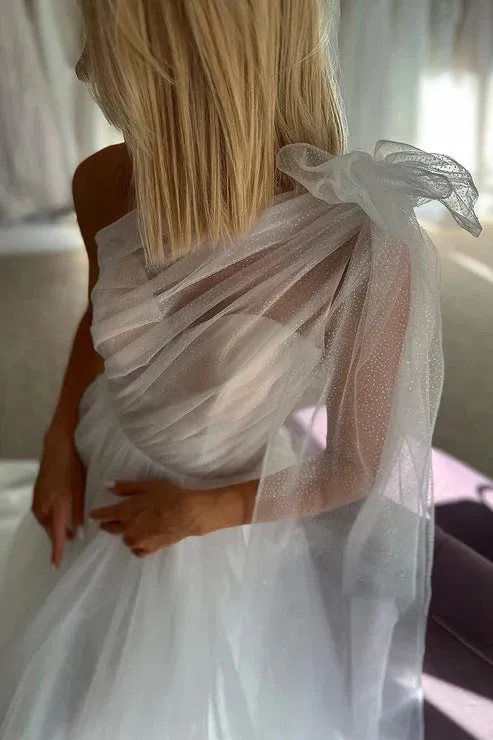 Glitter One Shoulder Bowknot Tulle Wedding Dress Bridal Gowns With Train sold by KissProm product image thumbnail 3
