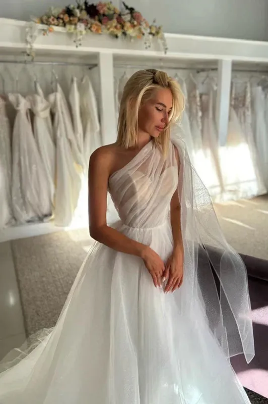 Glitter One Shoulder Bowknot Tulle Wedding Dress Bridal Gowns With Train sold by KissProm