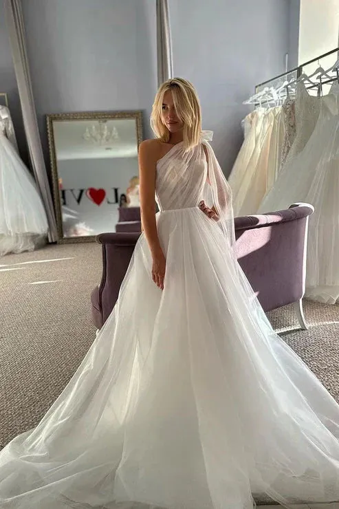 Glitter One Shoulder Bowknot Tulle Wedding Dress Bridal Gowns With Train sold by KissProm product image thumbnail 4