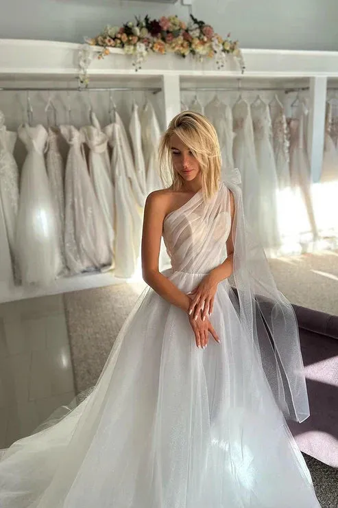 Glitter One Shoulder Bowknot Tulle Wedding Dress Bridal Gowns With Train sold by KissProm product image thumbnail 2