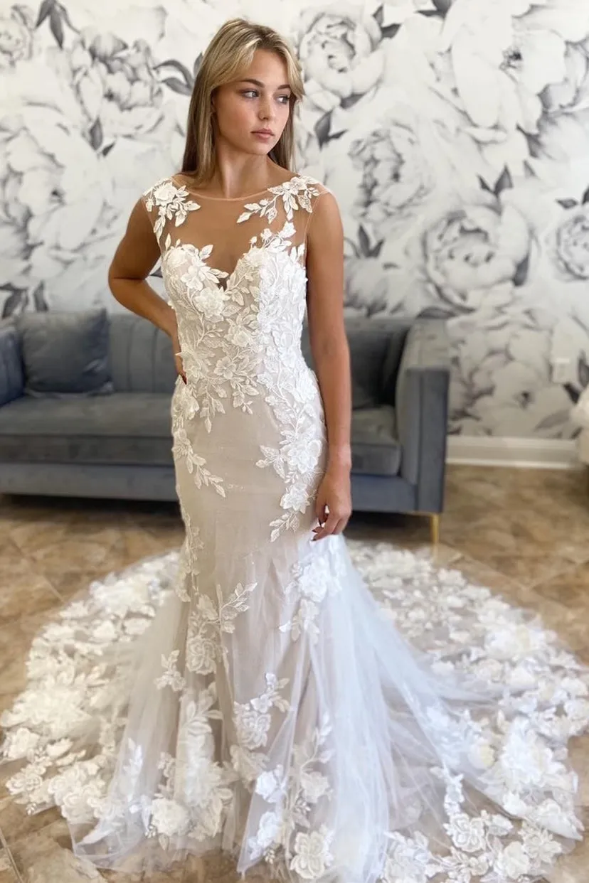 Marianna | White Illusion Neck Appliques Mermaid Long Wedding Dress sold by KissProm