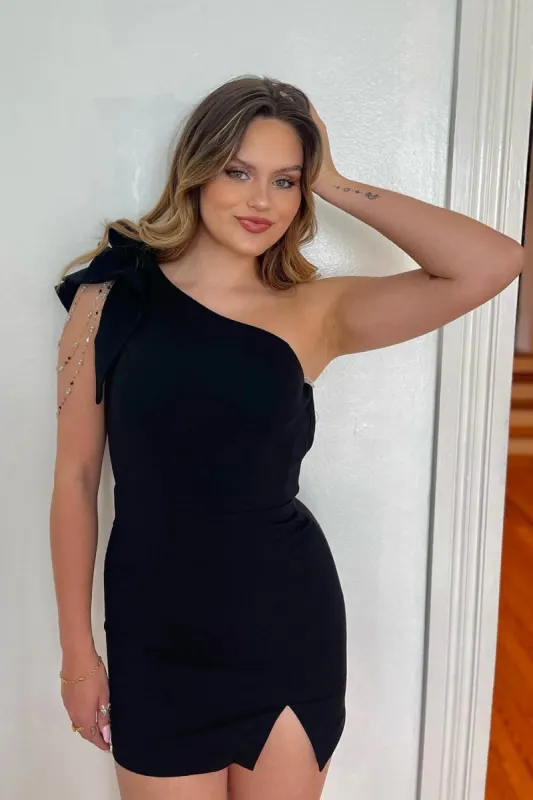 Selah | Sparkly Black Tight Short Homecoming Dress with Slit sold by KissProm