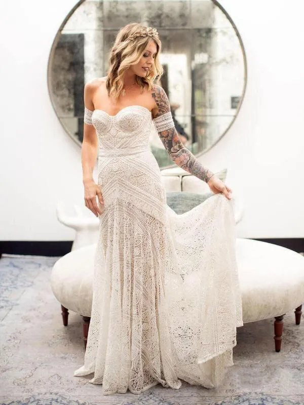 Ivory Lace Sheath Sweetheart Neck Boho Beach Wedding Dresses sold by KissProm