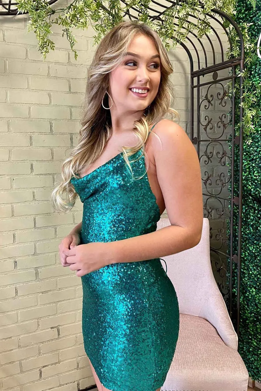 Crew Neck Emerald Green Sequins Short Homecoming Dress sold by KissProm product image thumbnail 2