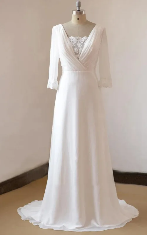 A-Line Chiffon Lace White Satin Weddig Dress sold by KissProm
