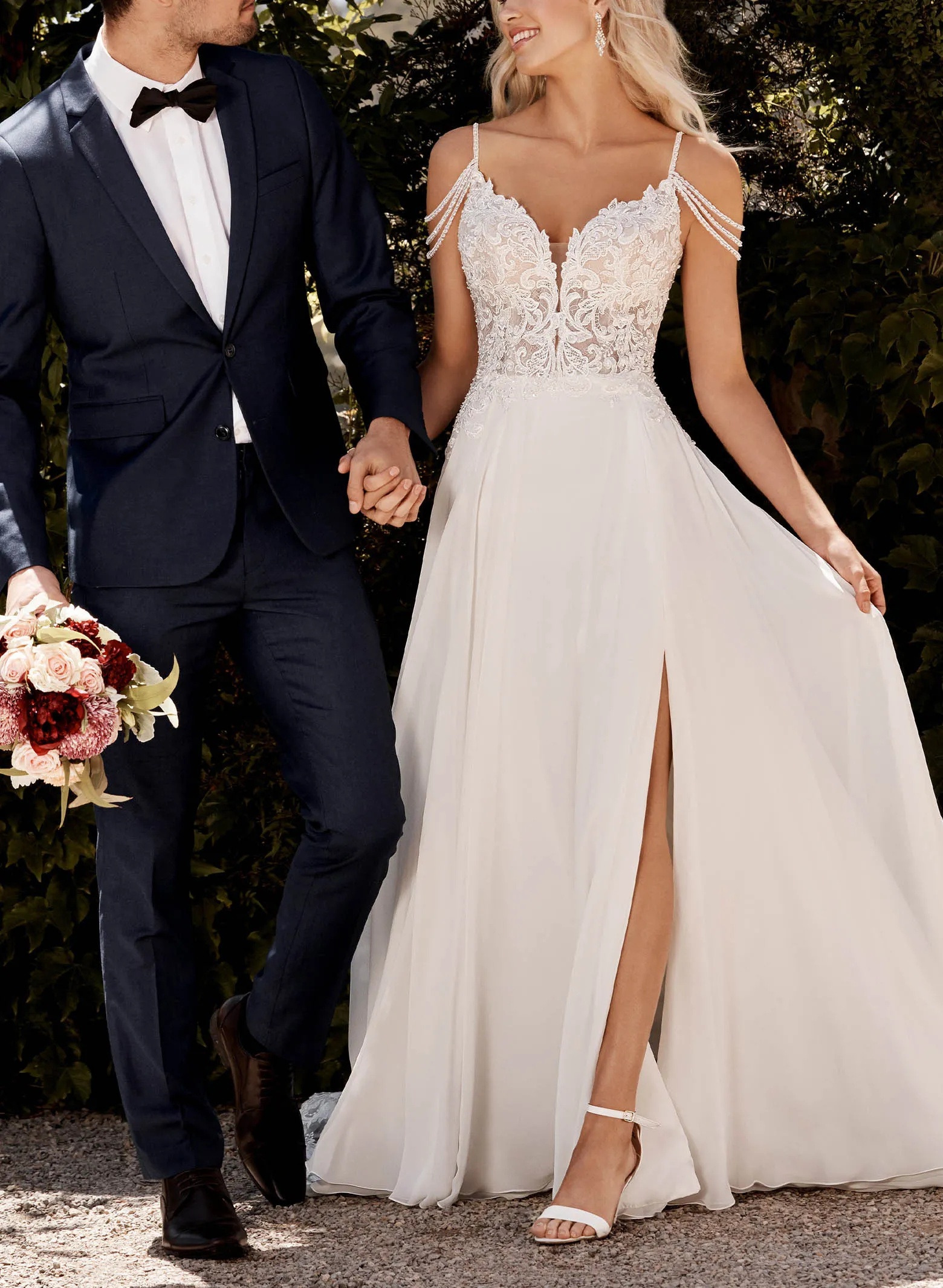 A-Line V-Neck Sweep Train Wedding Dress With Lace Split Front sold by KissProm product image thumbnail 4