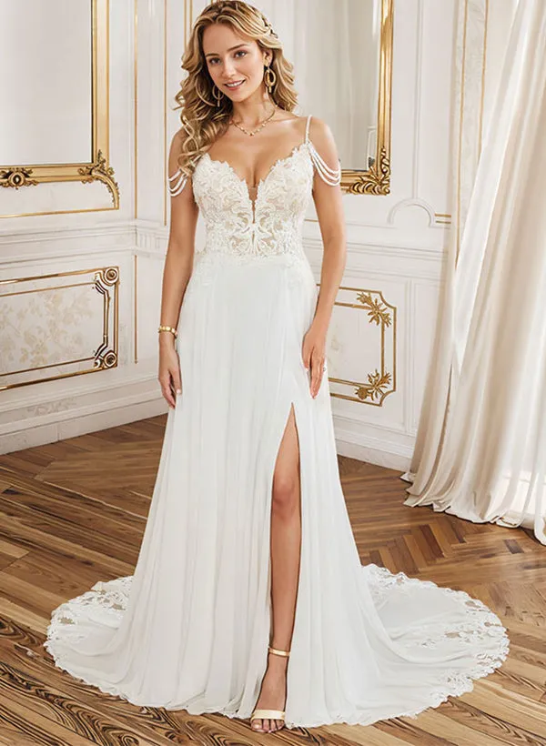 A-Line V-Neck Sweep Train Wedding Dress With Lace Split Front sold by KissProm