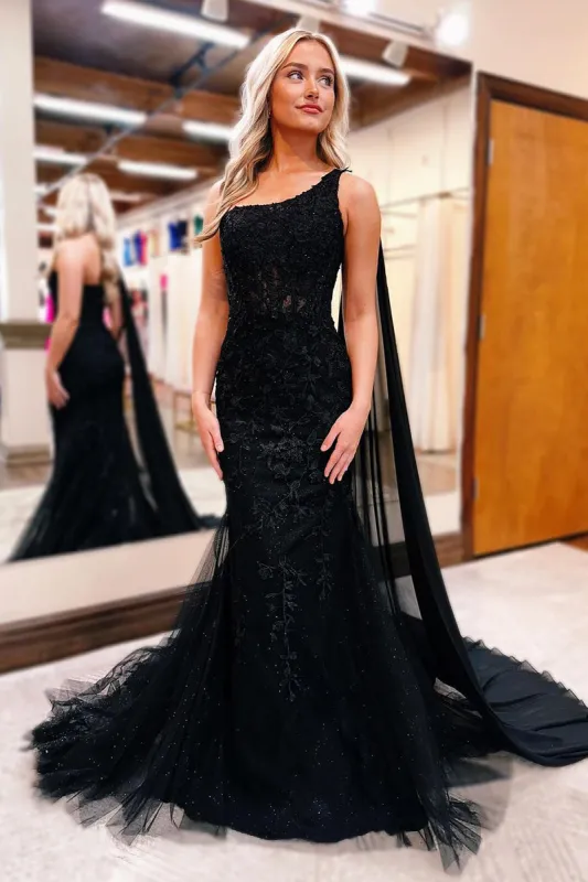 Black One Shoulder Appliques Mermaid Long Prom Dresses sold by KissProm