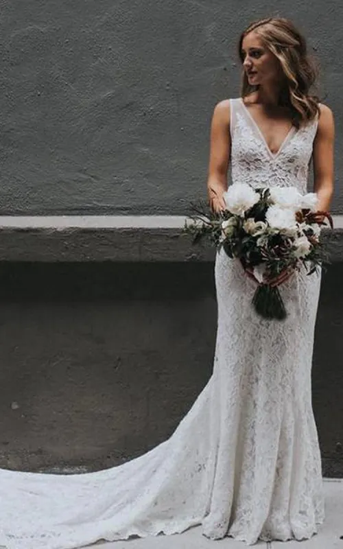 Sheath V-neck Lace Floor-length Sleeveless Wedding Dress sold by KissProm