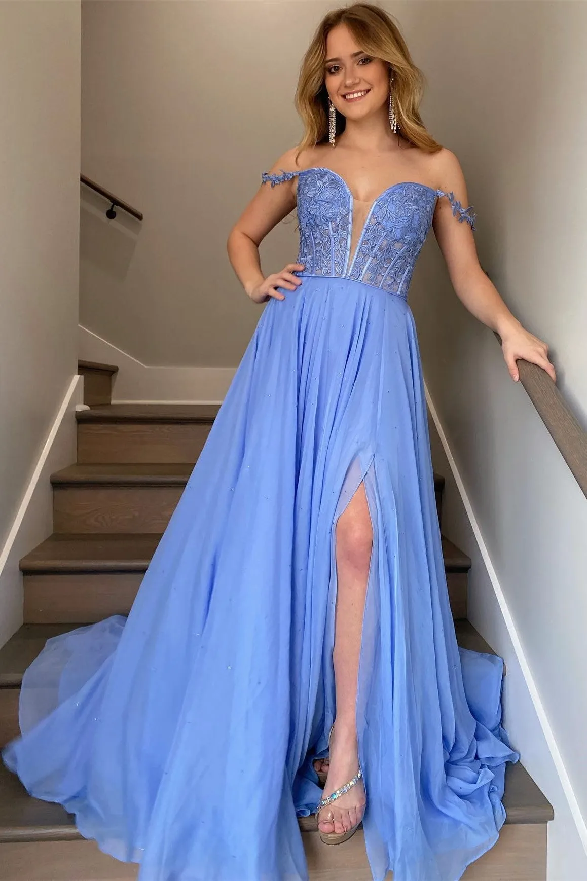 Periwinkle Off-the-Shoulder A-line Princess Prom Gown sold by KissProm