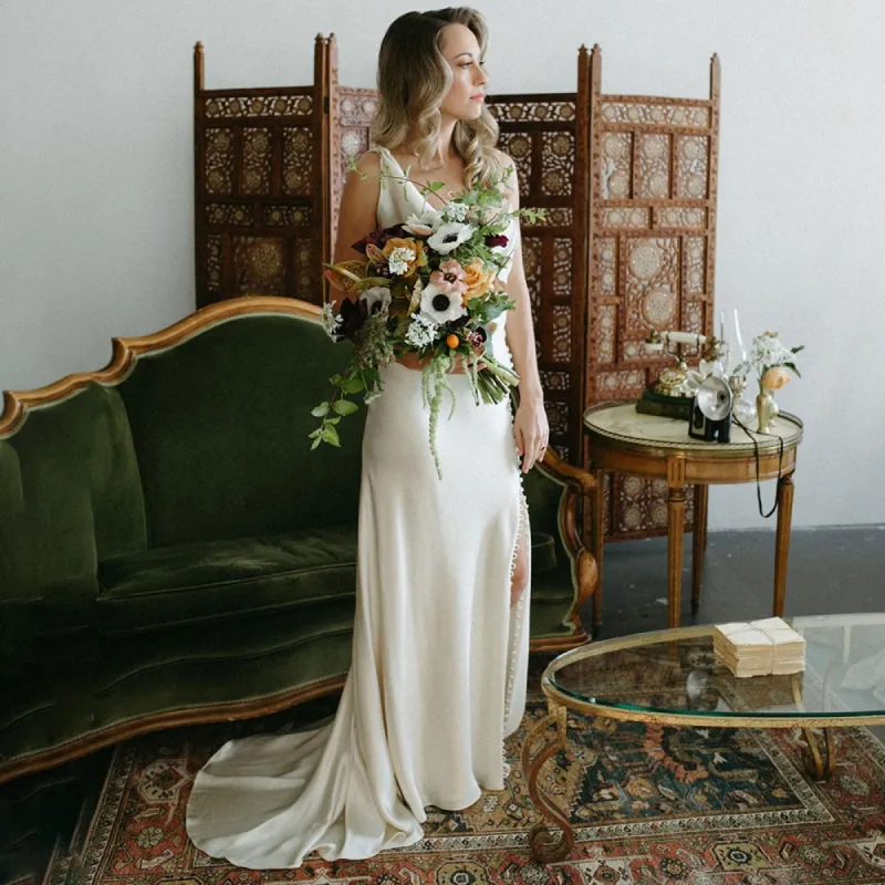 Cowl Neck Ivory Sheath Satin Wedding Dresses with Button Slit sold by KissProm