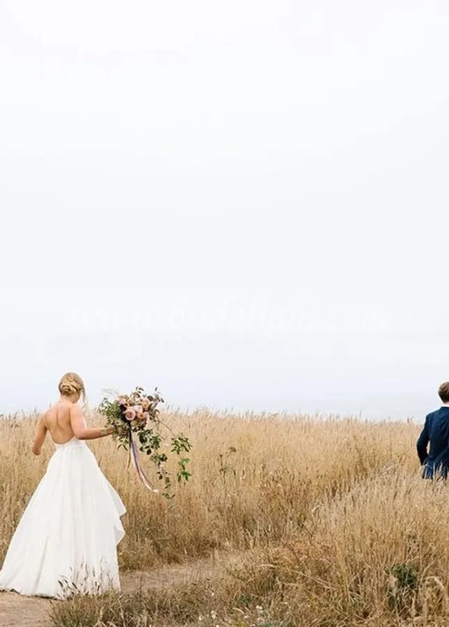 A Line Sleeveless Chiffon Deep V Neck Simple Long Beach Wedding Dress sold by KissProm product image thumbnail 4