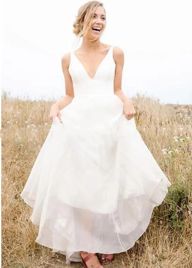 A Line Sleeveless Chiffon Deep V Neck Simple Long Beach Wedding Dress sold by KissProm product image thumbnail 5