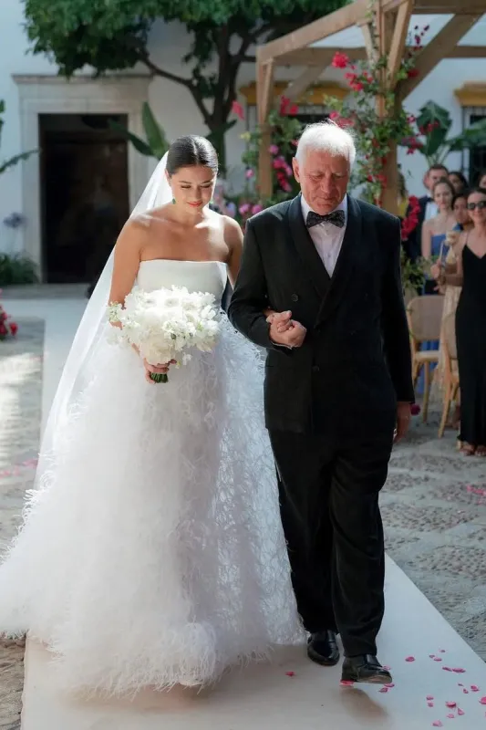 A-Line Strapless Satin Wedding Dresses with Feather sold by KissProm