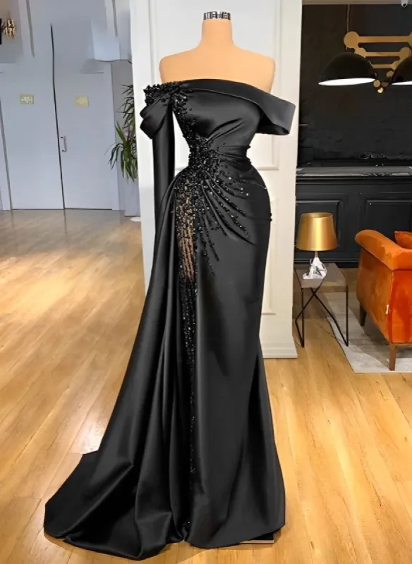 Sheath Off-The-Shoulder Long Sleeves Satin/Sequined Prom Dresses sold by KissProm