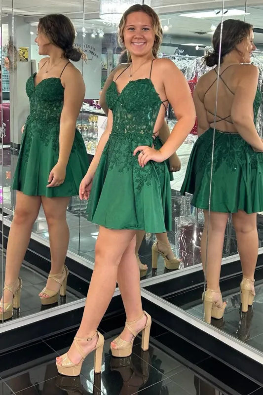 Midna | Green Appliques Sweetheart Lace-Up A-Line Short Party Dress sold by KissProm