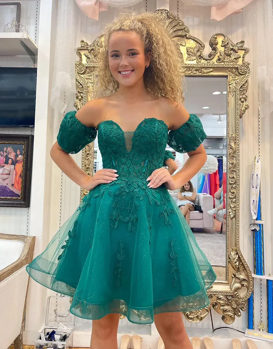 Sparkly Green A-Line Beaded Appliques Homecoming Dress with Detachable Sleeves sold by KissProm