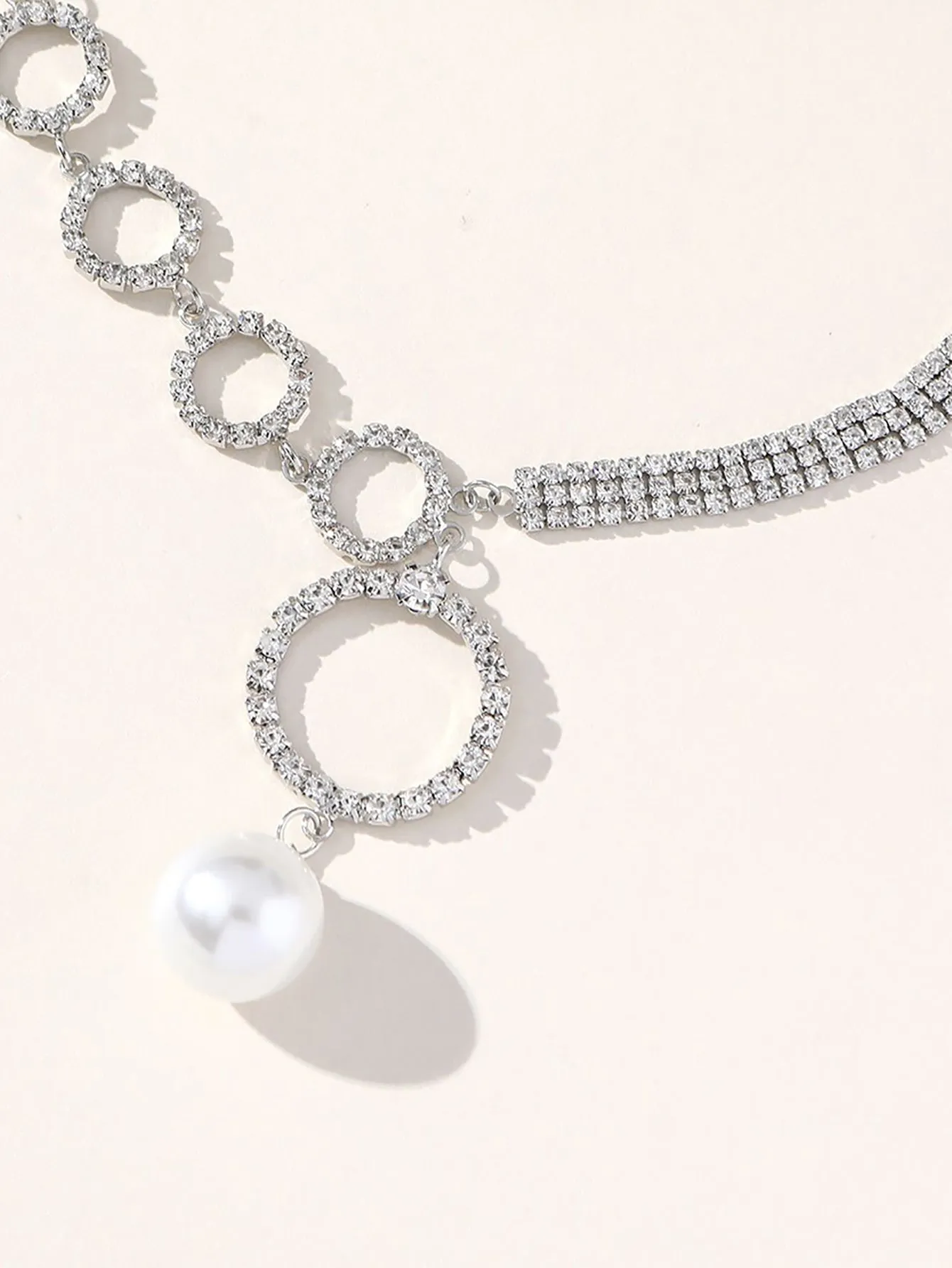 Silver Simple Rhinestones Pearl Asymmetrical Necklace sold by KissProm product image thumbnail 3