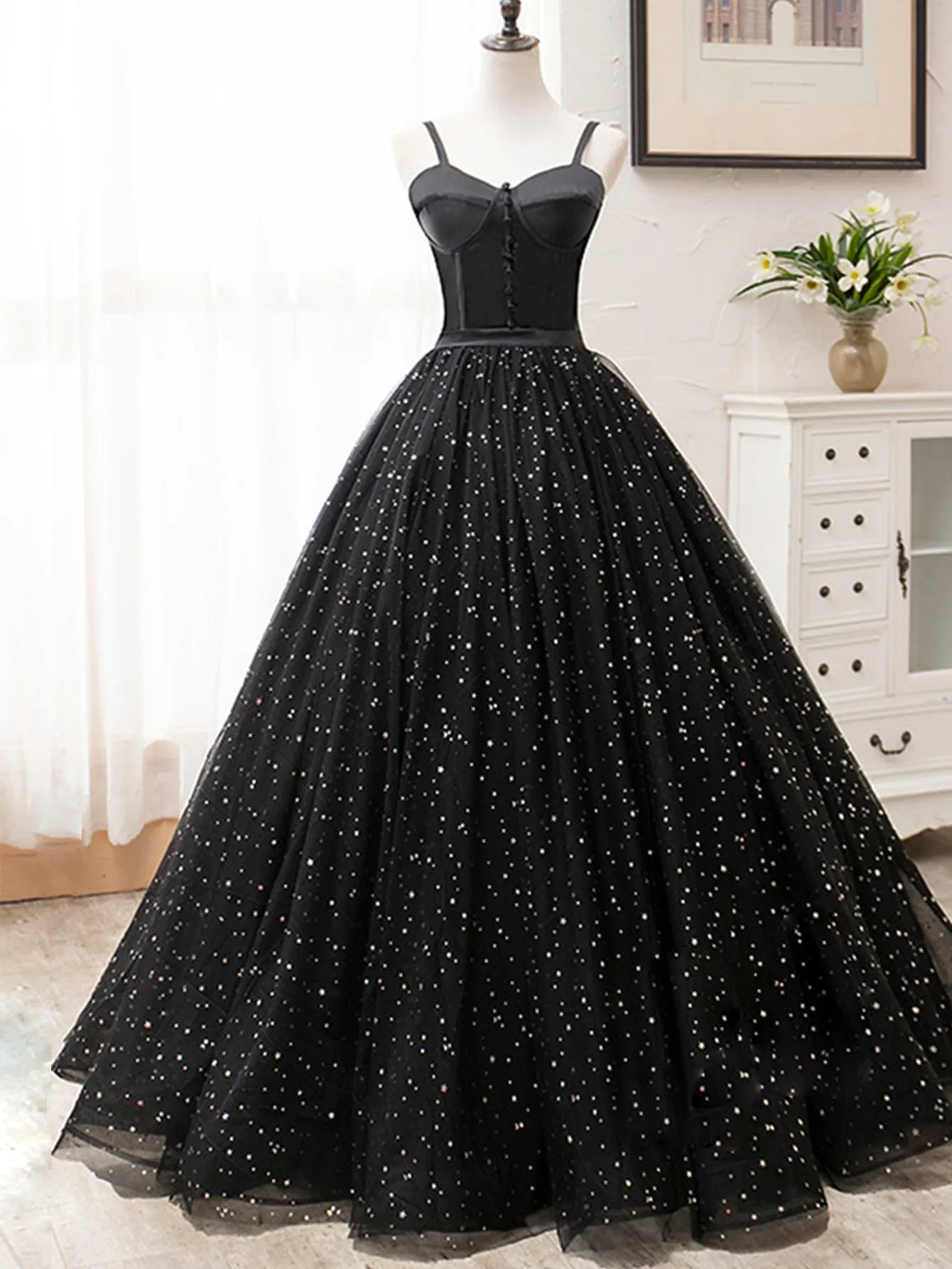 V Neck Glitter Black Long Prom Dress sold by KissProm